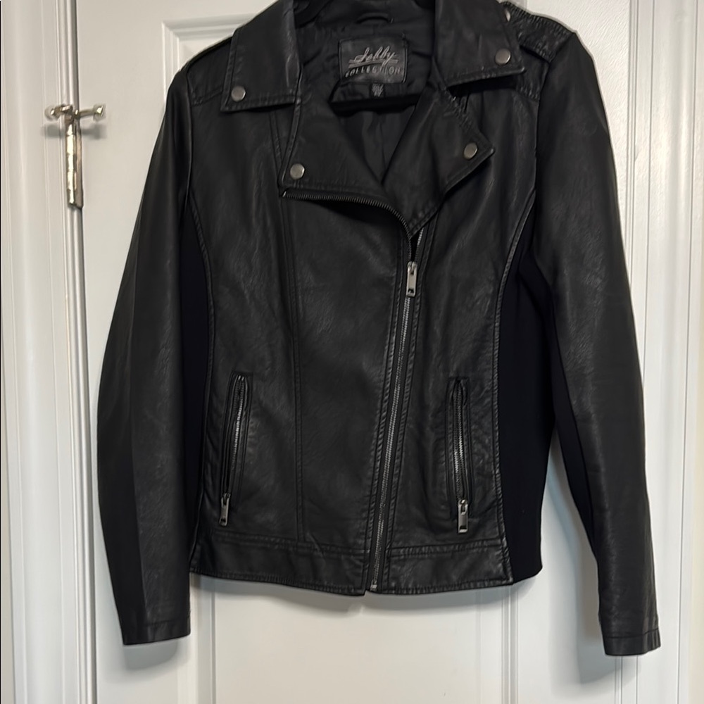 Esley Collection Black Leather Moto Jacket Asymmetrical Zipper